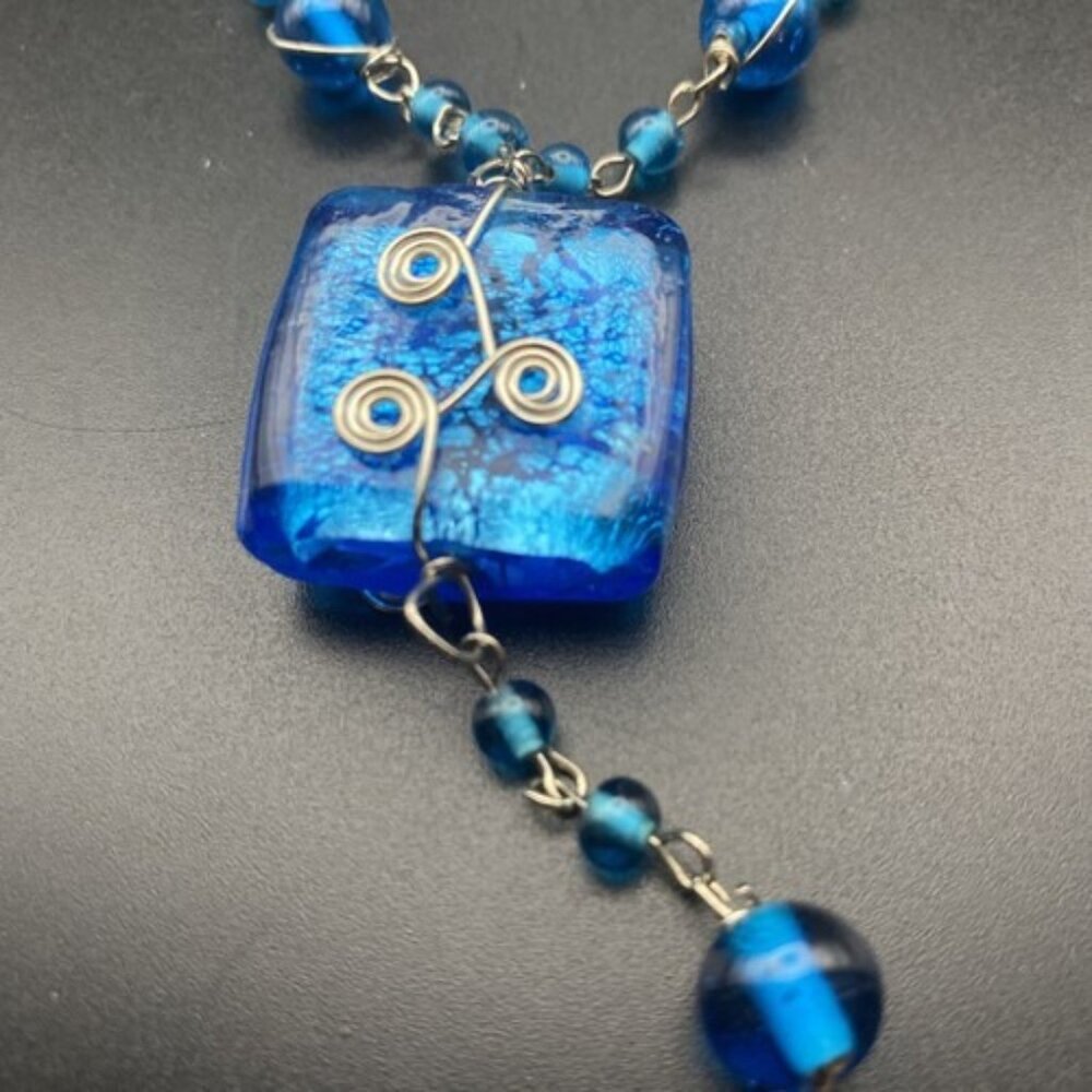 Chunky Necklace & Earrings Blue/Silver Foil Lined Rectangle Glass Bead Wire Wrap - Picture 5 of 9
